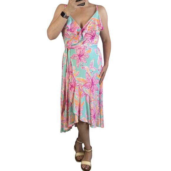 Lilly Pulitzer Dresses & Skirts - Lilly Pulitzer Womens Fontaine Wrap Dress Size M Bonita‎ Blooms Surf Blue Jersey